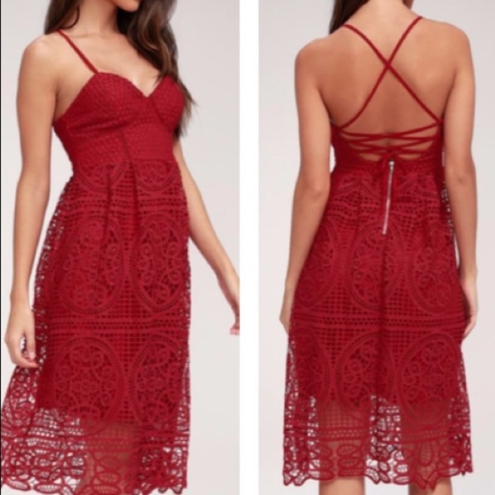 Lulu’s real life dream cherry red lace dress size XL  - midi dress